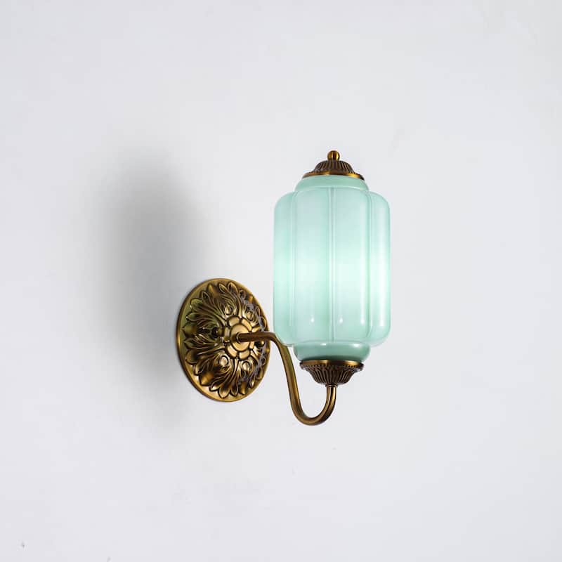 1-Light Vintage Antique Brass Finish Lantern Shaped Wall Light with Opal/Green Glass Shade for Bedroom, Hallways