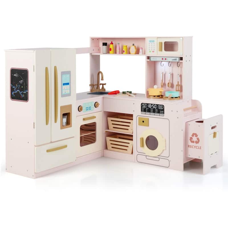 Costway Corner Play Kitchen with Lights & Sounds Wooden Toy Kitchen - See Details - Pink