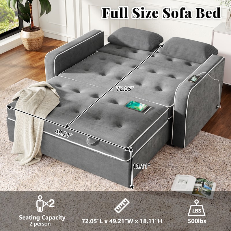Pull Out Sleeper Bed, Sofa Bed Couch with USB Charging Port, Lounge Loveseat Sofa Daybed with Adjustable Backrest
