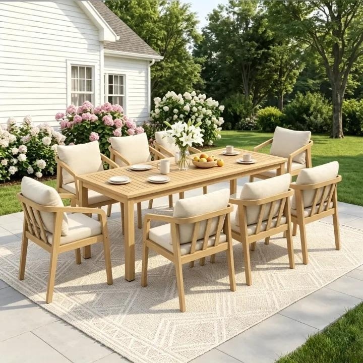 All Weather Acacia Wood Outdoor Dining Set With Water-Resistant Cushions and Umbrella Hole