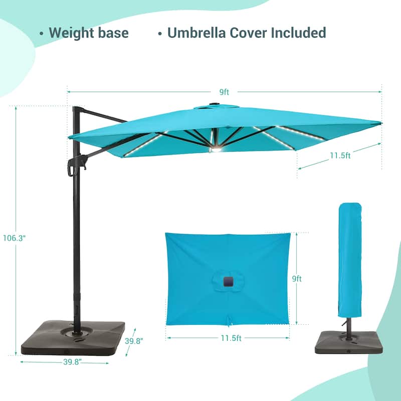 LIVOOSUN 11.5x9FT LED Cantilever Patio Umbrella Solution-Dyed Fabric w/Base