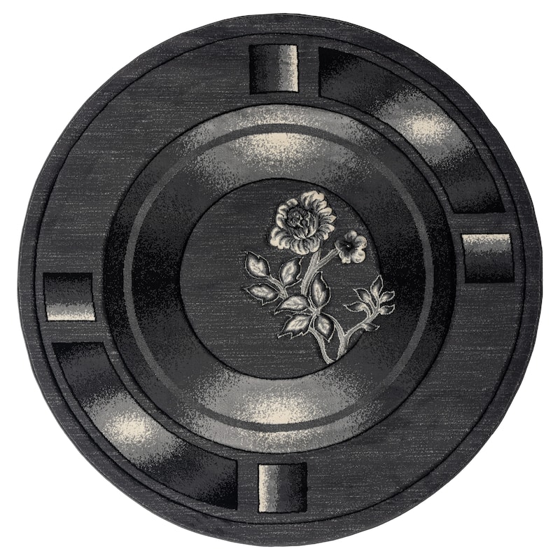 Rhodes Collection Anthracite/Light Grey Floral Area Rug - 5'2'' Round - Gray/Anthracite