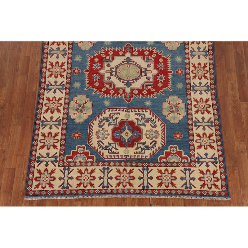 Blue Geometric Kazak Oriental Area Rug Bedroom Handmade Wool Carpet - 4'10" x 6'11"