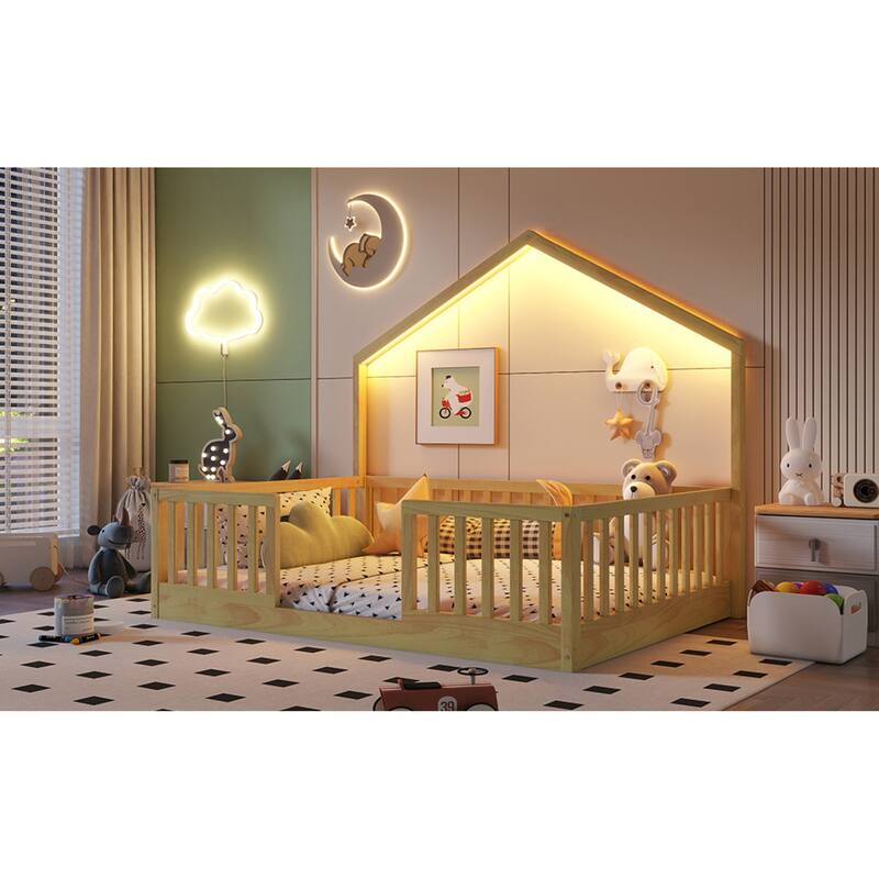 Roomfitters Twin/Full Floor Platform Bed, House Frame and LED Light with Wooden High Rails for Bedrooms or Guest Rooms