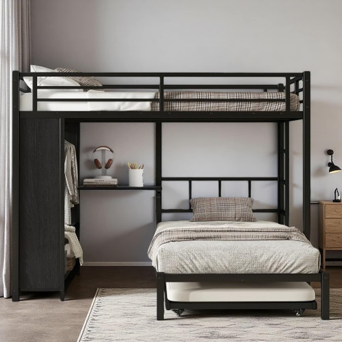 Twin-Over-Twin Metal Bunk Bed with Trundle, Foldable Desk, Wardrobe Storage, Ladder & Noise-Reducing Frame