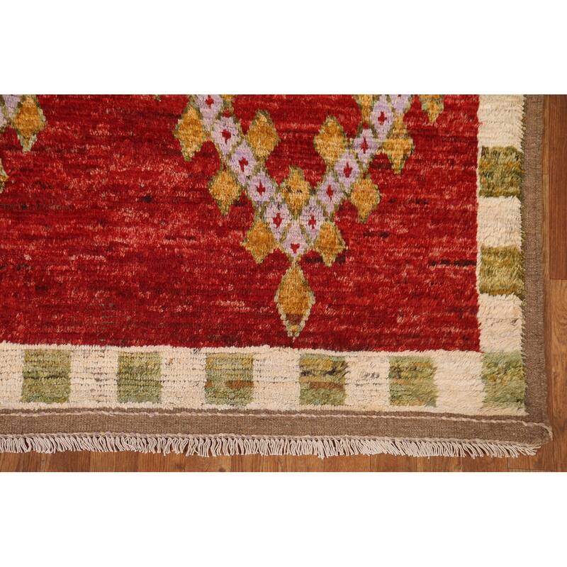 Hand Knotted Oriental 100% Wool Carpet Modern Geometric Red Moroccan Area Rug - 8' 2'' X 5' 5''