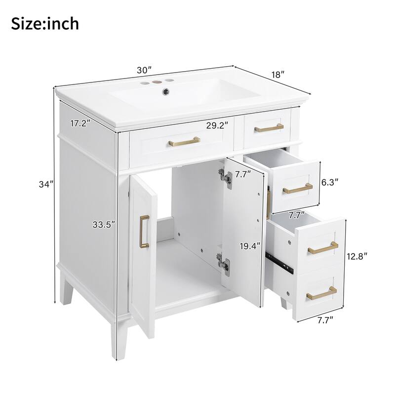 30" Bathroom Vanity with Ceramic Sink, Deep Drawer, Gold Handles & Soft-Close Doors - Modern Storage Cabinet