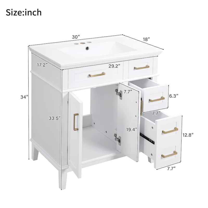 30" Bathroom Vanity with Ceramic Sink - Modern Cabinet with Soft-Close Doors, Deep Drawer & Standard Drawer