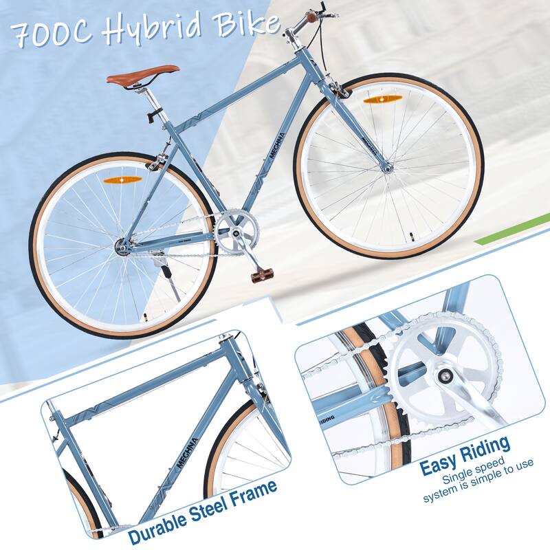 Single-Speed 700C Road Bike for Men and Women, Retro Style Steel Frame with Caliper Brakes