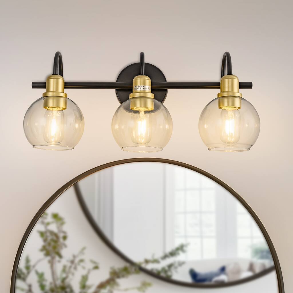 YANSUN Fishing Rod Vanity Light, Large Transparent Round Shade, E26, Black and Gold Finish for Elegant Bathroom Lighting