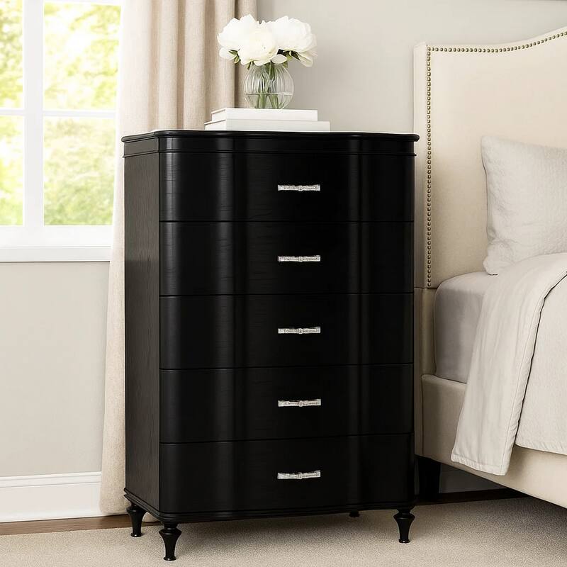 Eleena Tall Dresser Chest, 5 Drawers, Black Solid Wood, Crystal Accents