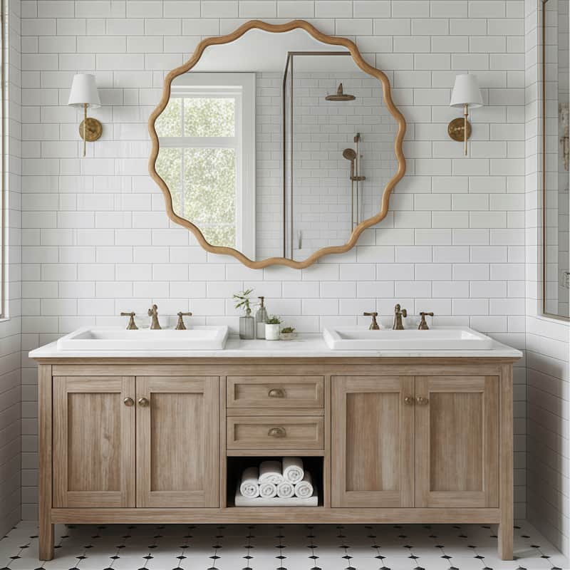 Wavy Round Solid Wood Frame Decorative Mirror Modern Farmhouse Wall Mirror For Bedroom Bathroom Living Room Entryway - Natural - 30 in. W x 30 in. H