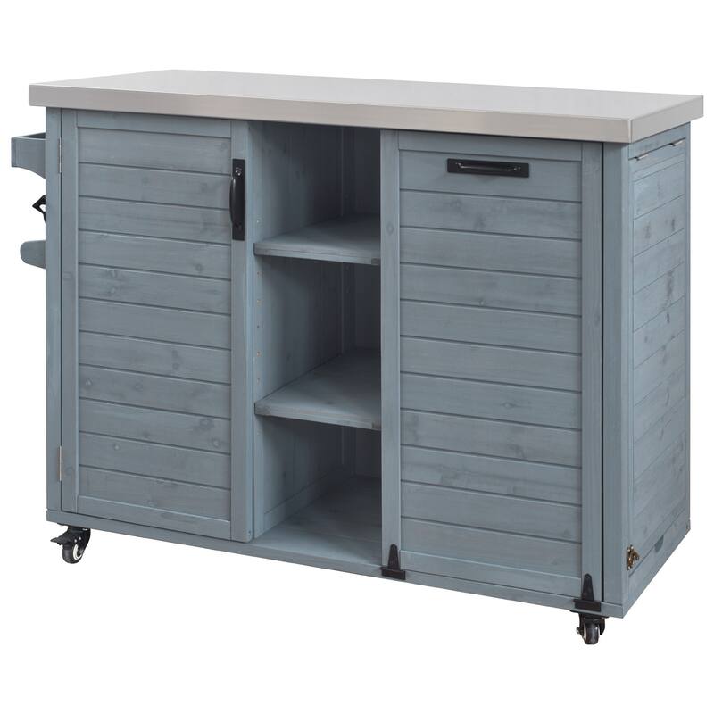 78.3" Outdoor Kitchen Island with Foldable Grill Table, Wooden Cart with Trash Storage & Stainless Steel Top for Lawn & Garden