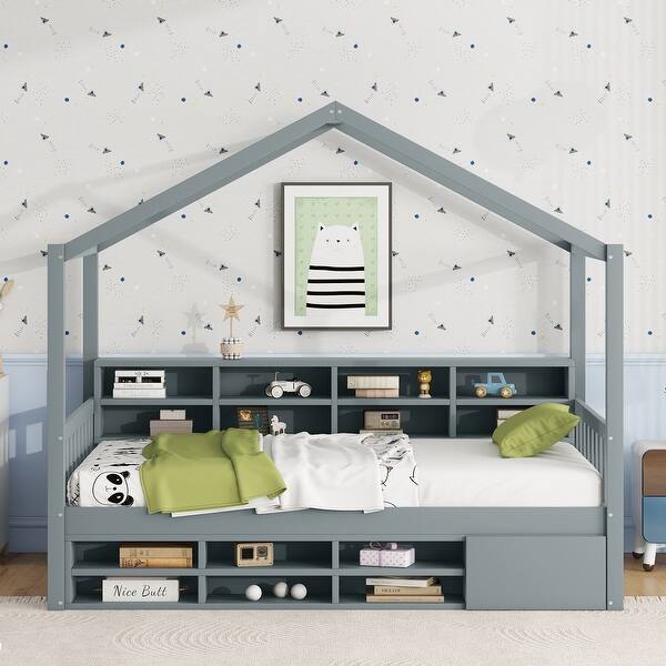 slide 2 of 36, Wooden House Headboard Bed Frame w/ Shelves & Mini-cabinet, Unisex