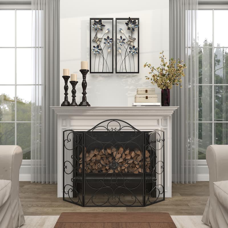 Metal Floral Home Wall Decor with Black Frames and Butterfly Accents - Set of 2 Teal - Roche River Decor