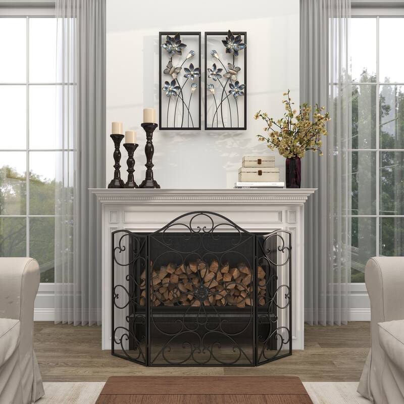 Teal Metal Floral Home Wall Decor with Black Frames and Butterfly Accents (Set of 2)