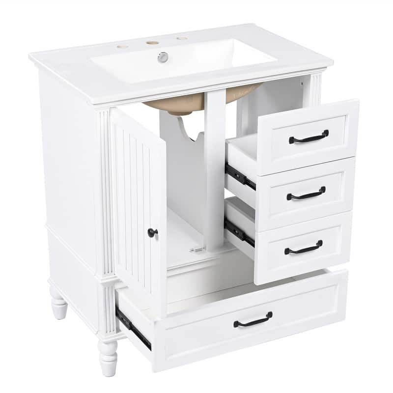 30" Bathroom Vanity with Ceramic Sink Top, Modern Bathroom Storage Cabinet with 1 Door, 3 Drawers and Solid Wood Legs