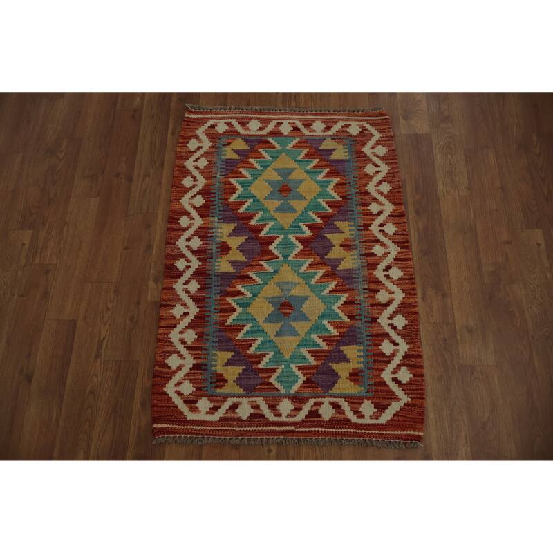 Hand Woven Oriental 100% Wool Carpet Southwestern Geometric Red Kilim Area Rug - 2' 11'' X 2' 1''