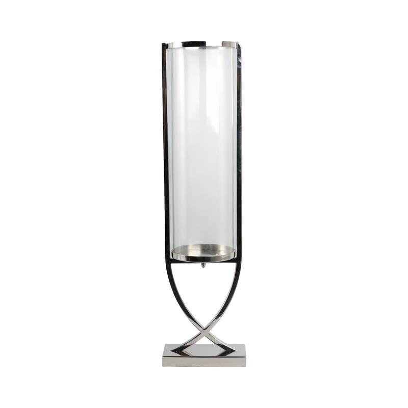 Modern Glass Pillar Candle Holder Decorative Lantern with Steel Frame