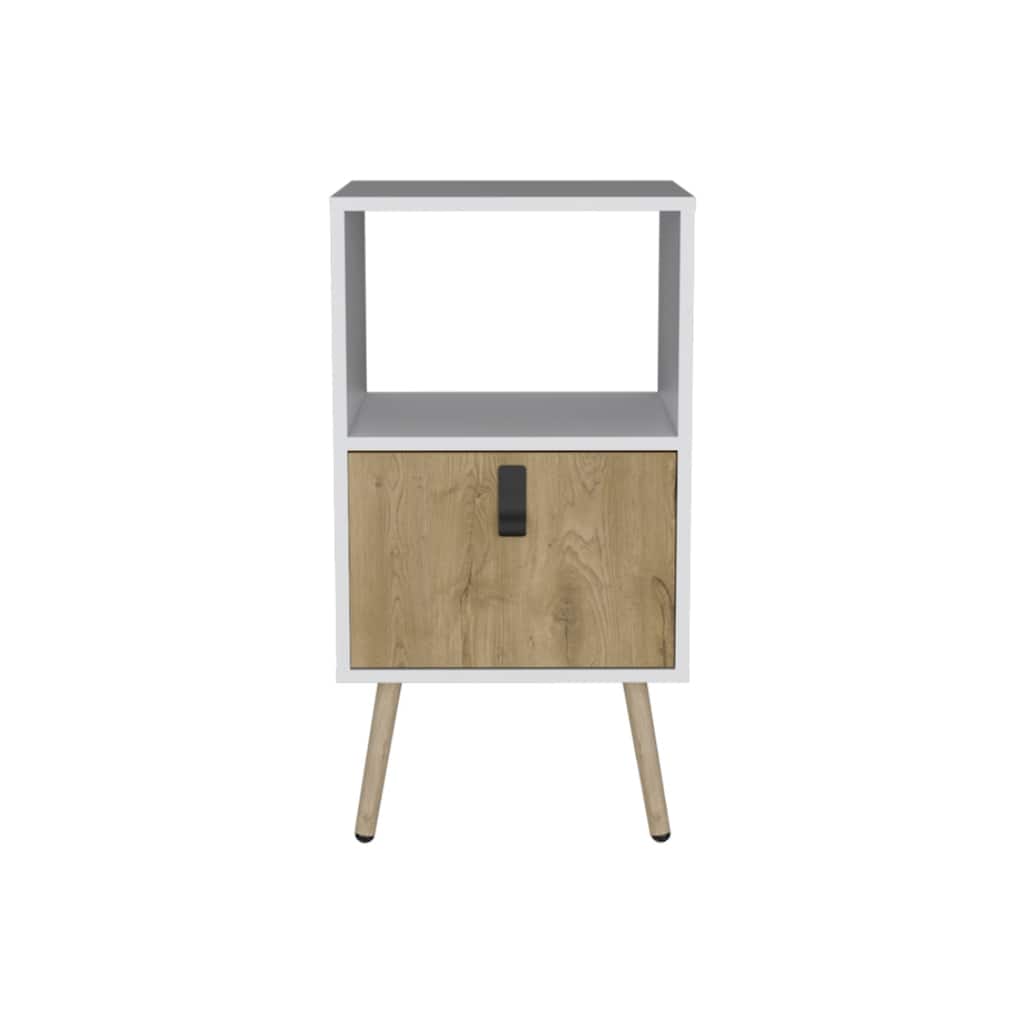 22" White and Beige Wood Nightstand with Drawer and Shelf Modern Accent Table for Bedroom or Hallway
