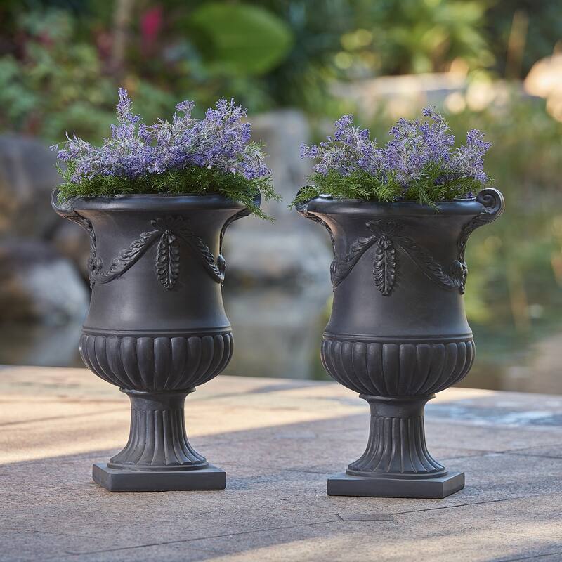Christopher Knight Home - Fernrise 24.80"H Outdoor Classical Floral Relief Carvings MGO Urn Planter, Drainage Hole & Ventilation - Black - Set of 2