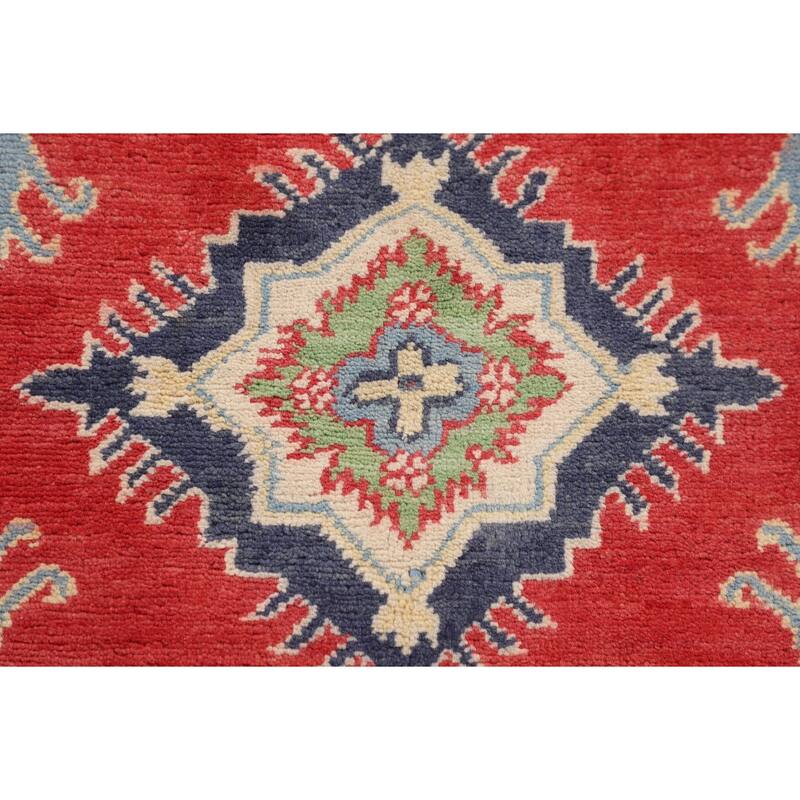 Geometric Kazak Accent Rug Handmade Red Wool Carpet - 3'4" x 5'0"