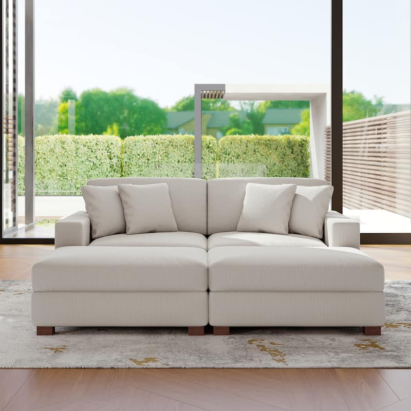 Modular Corduroy Sectional Sofa Set Chaise Couch with Ottoman