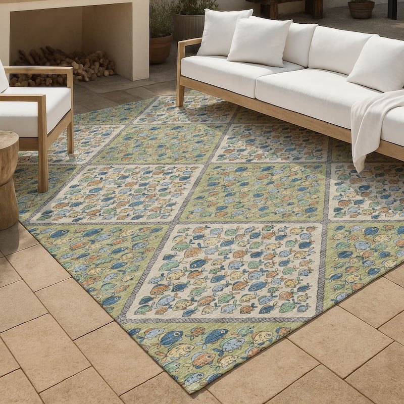 Machine Washable Indoor/ Outdoor Diamond Fish Chantille Rug - Aloe - 3' x 5'