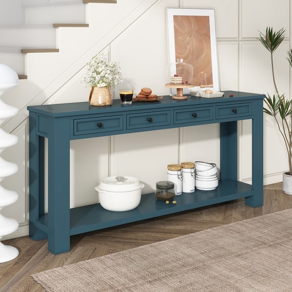 Dark Blue Console Table/Sofa Table with Storage Drawers and Bottom Shelf for Entryway Hallway