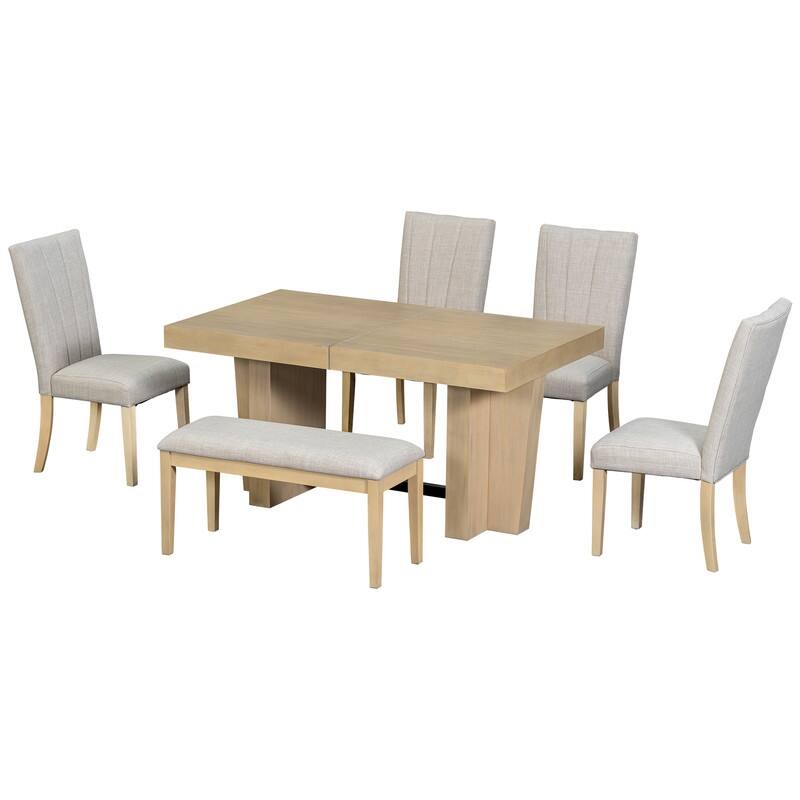Farmhouse 78.1inch Extendable Wood Dining Table Set for 6, Kitchen Table Set with Bench and 4 Upholstered Chairs