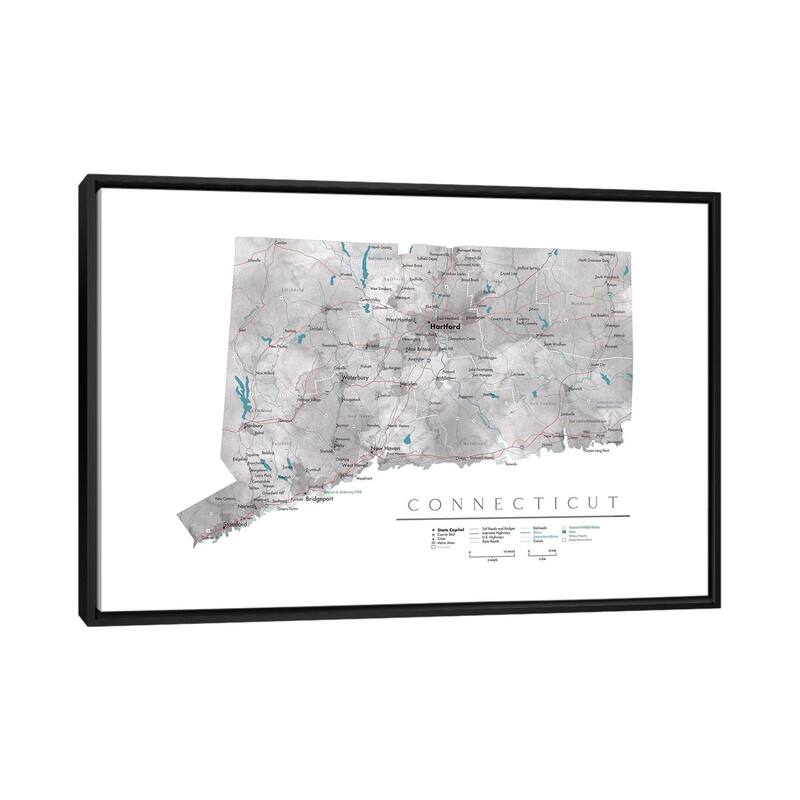 iCanvas "Detailed Map Of Connecticut" by blursbyai Framed Canvas Print - Black - 32x48