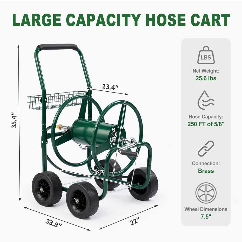 Hose Reel Cart, Hold Up to 250 ft Hose, Garden Water Hose Carts Mobile Tools with 4 Wheels,for Garden Yard Lawn