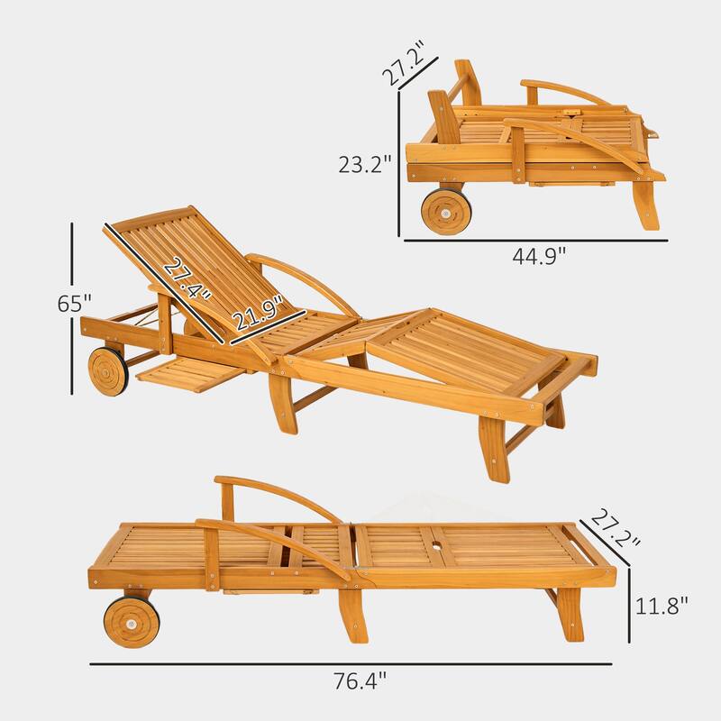 Teak Acacia Wood Folding Lounge Chair with Adjustable Backrest Pull Outside Table and Wheels for Patio Garden and Poolside