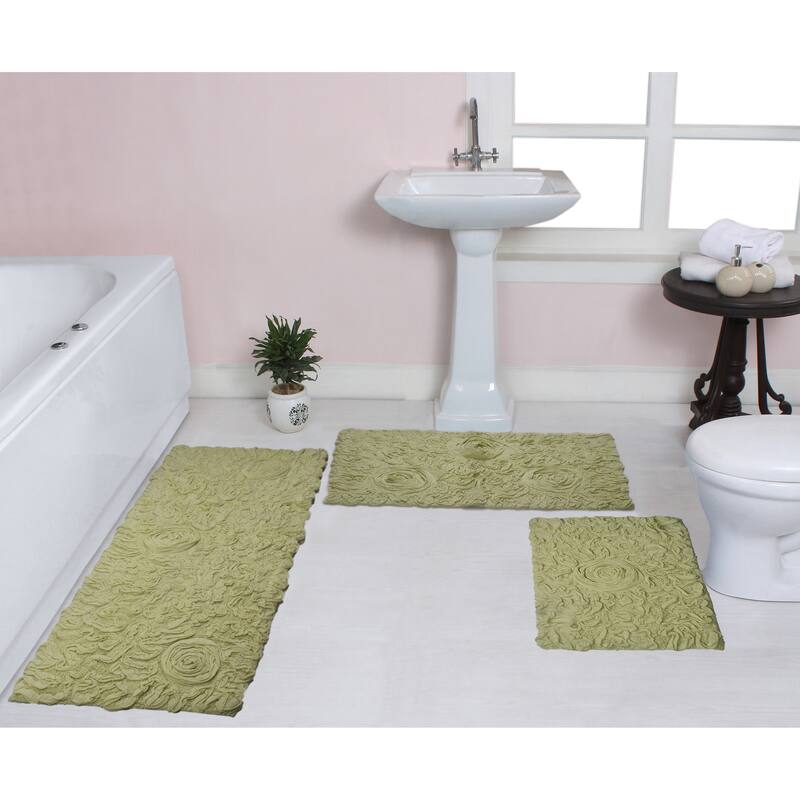 Bell Flower Collection 100% Cotton Non-Slip Bathroom Rug Set, Machine Washable Bath Rug, 3 Piece Set with Runner Rug - Green