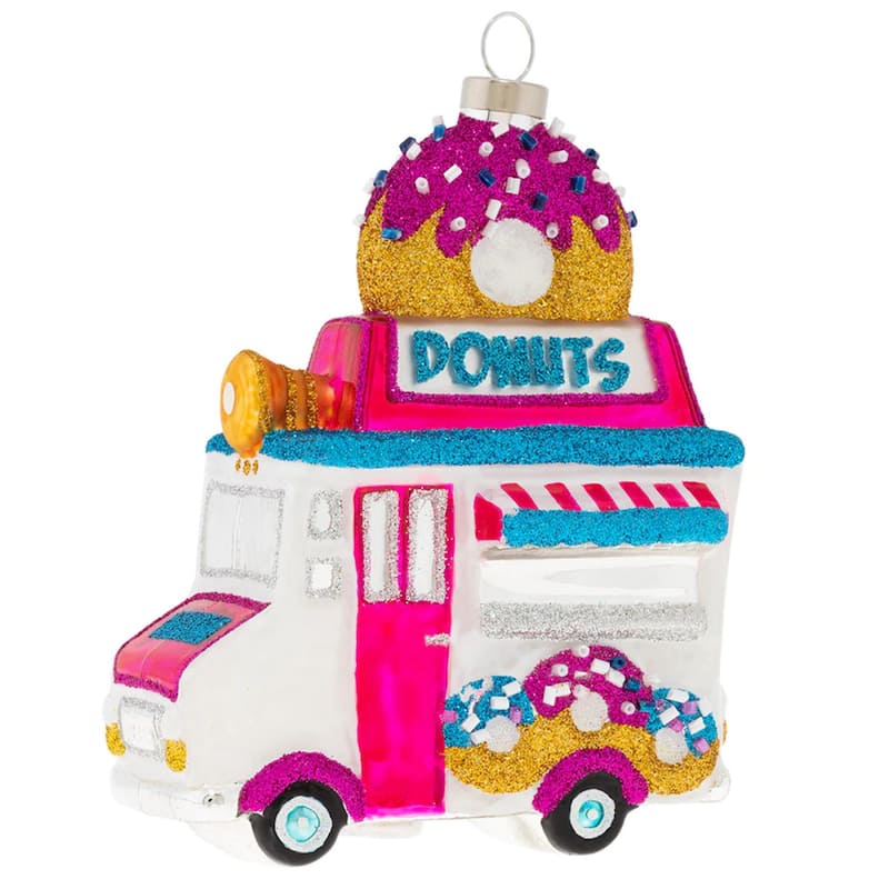 4.75" Gliitered Donut Truck Glass Christmas Ornament