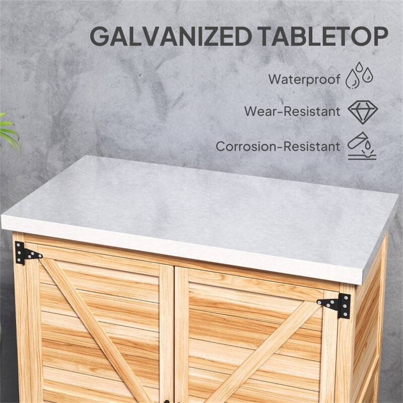 Fir Wood Garden Storage Bench with Galvanized Worktable - 31.1" W x 16.9" D x 36.2" H