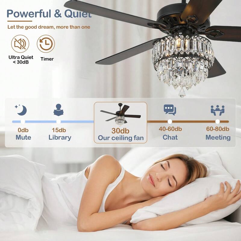 Cusp Barn 52.in. Modern Crystal Ceiling Fan with Remote and Pull Chain, 3 Speeds AC Motor Reversible Ceiling Fan for Bedroom