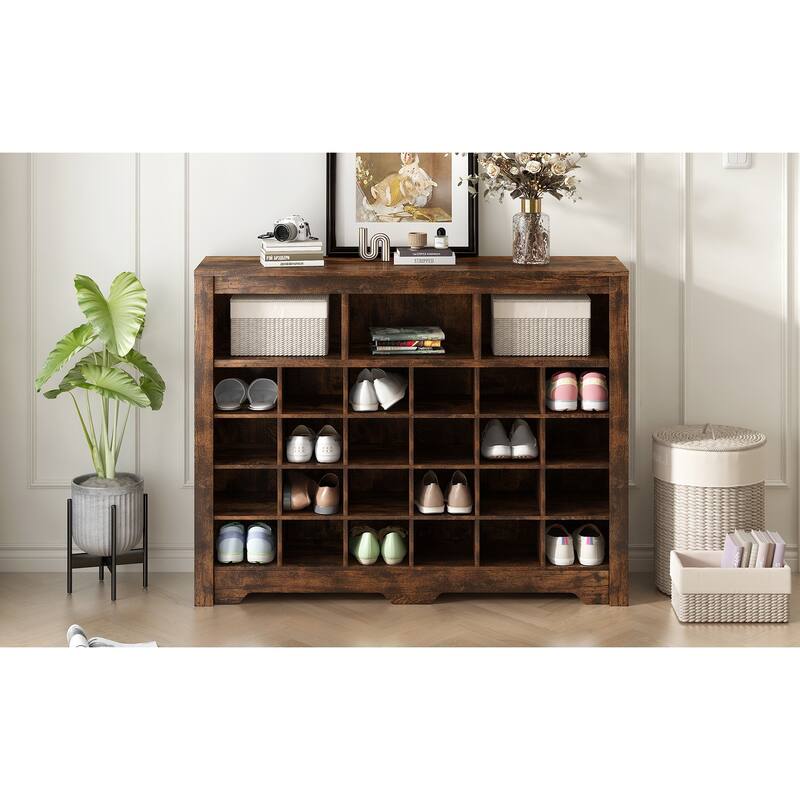 Shoe Cabinet Console, Square Lattice Shoe Storage Cabinet with Curved Base, 24 Pair Wood Shoe Rack for Entryway