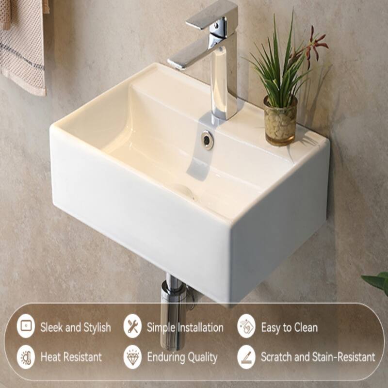 HOROW Rectangular Wall-Mount Install or On Countertop Bathroom Sink 17.72 in. with Single Faucet Hole in White
