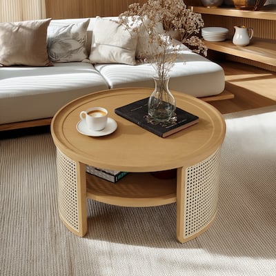 31.3" Rustic Round Wooden Coffee Table with Storage Rattan Base for Living Room