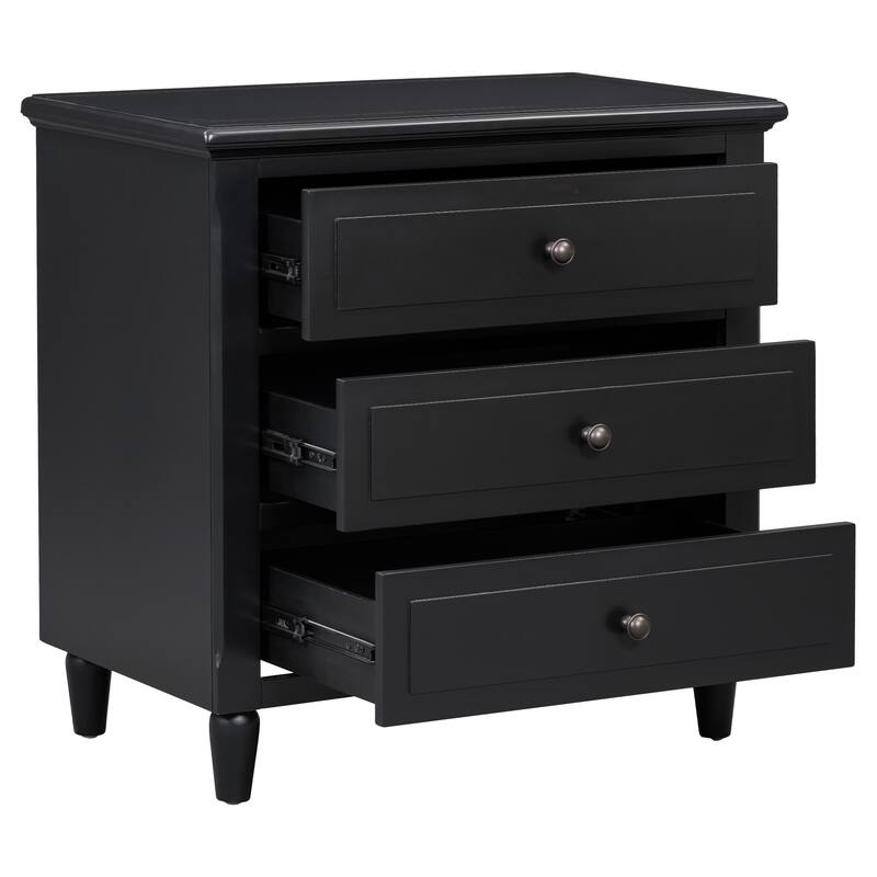 Black MDF Nightstand 3 Drawer Wooden Storage Cabinet for Bedroom Living Room