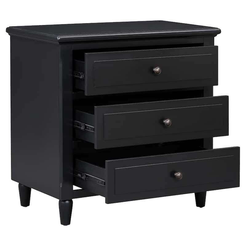Fully Assembled 3-Drawer Nightstand, MDF & Pine Wood with Rubberwood Legs, Metal Ball Slide Glides
