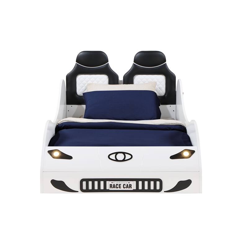 White Twin Car Bed with LED Lights and Upholstered Headboard