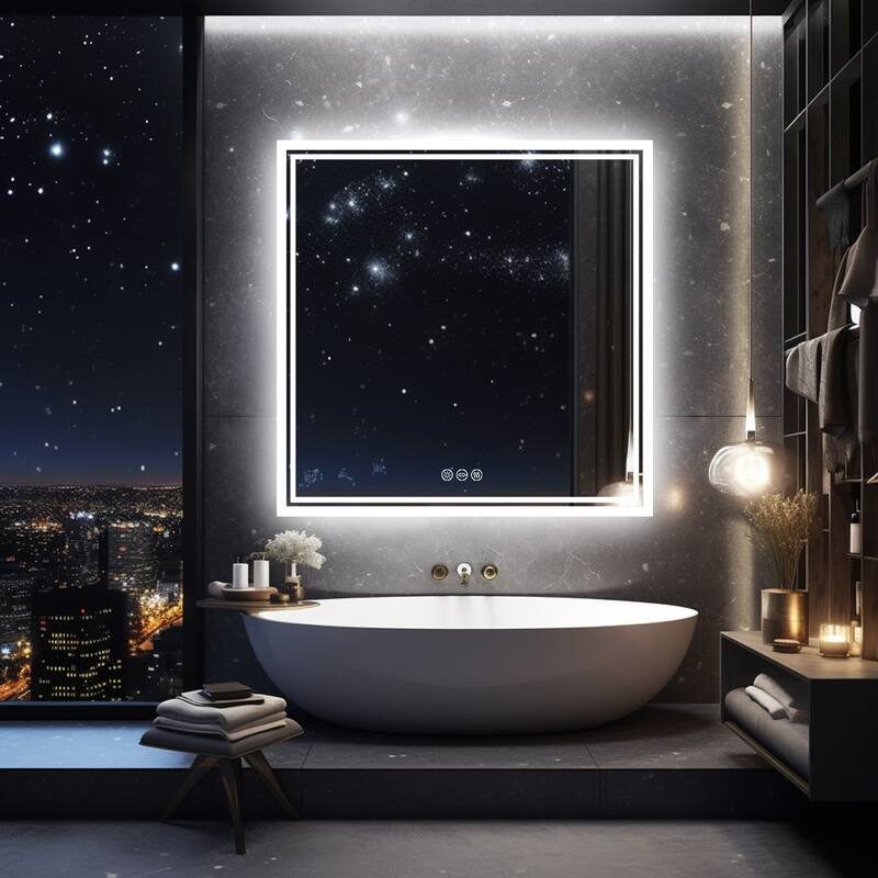 Bathroom Mirror Square Big LED Mirror Vanity Makeup Dimmable Anti-Fog - 32*32"