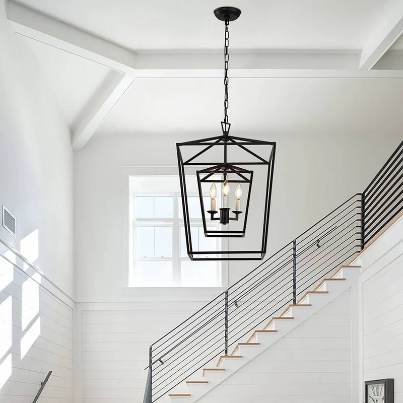 17 Iinches Wide Double Cage Lantern Pendant Lamp 3-Light Stairway Entry Chandelier Ceiling Light - Black