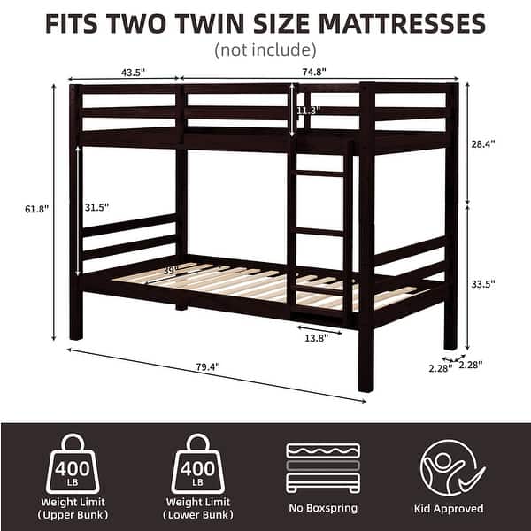 dimension image slide 3 of 4, Twin over Twin Wooden Bunk Bed,High Guardrail,Ladder,Kids Teens,Dorm