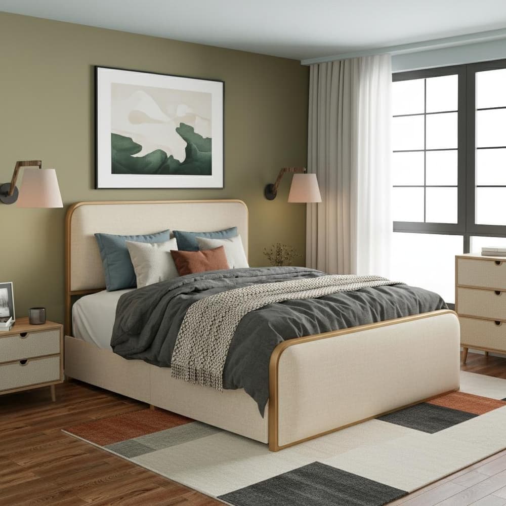 Modern Metal Platform Bed with Curved Upholstered Headboard by Harper&Bright Designs
