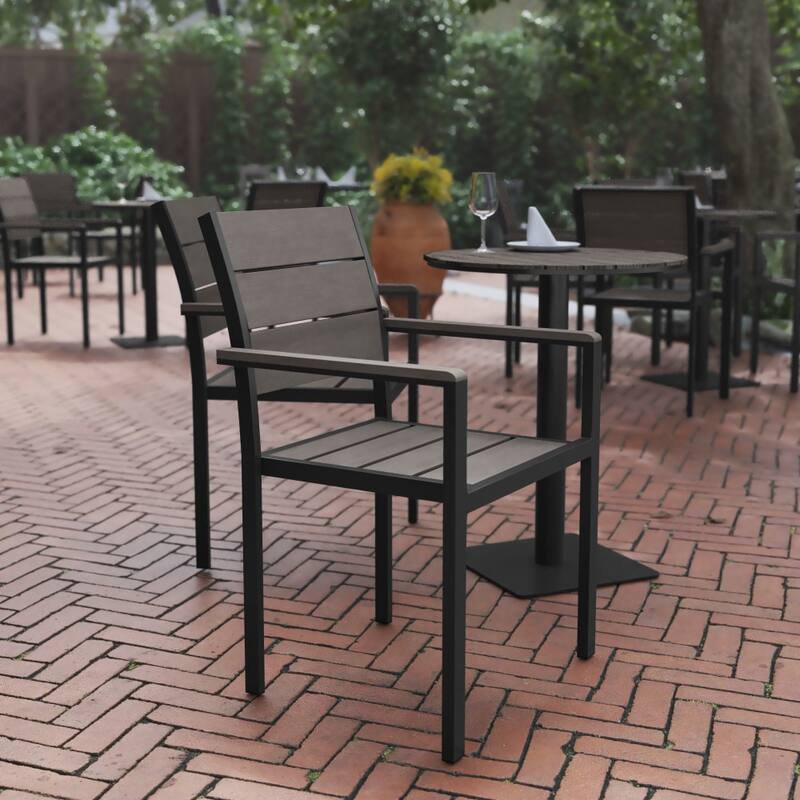Commercial Grade Outdoor Faux Teak Patio Dining Chair with Arms - Gray
