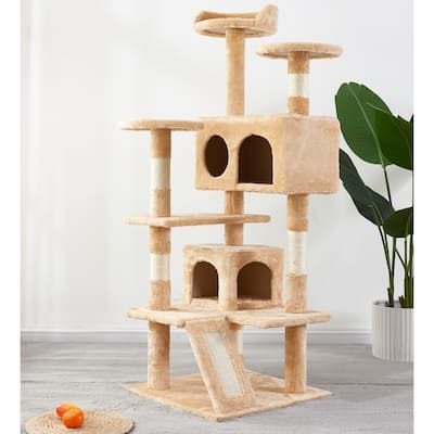 Multi layer cat tree scratching board with sisal rope cat climbing column covered and two plush chambers