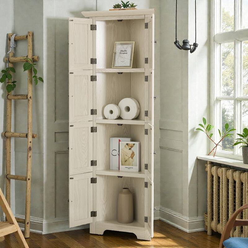 72 Inch Corner Kitchen Pantry Cabinet with 8 Doors, 4-Tier Tall Storage Cabinet for Living Room, Bathroom, Farmhouse Style